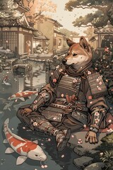 Shiba Inu Samurai Resting in Zen Garden Amid Cherry Blossoms and Koi Pond Wearing Intricate Armor with Traditional Japanese Aesthetic