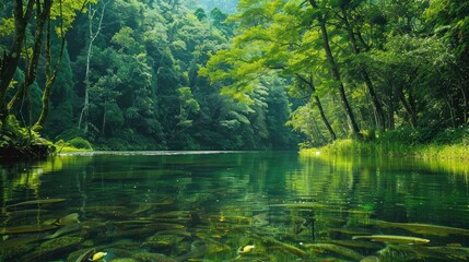 tranquil river flowing through a dense forest, its depths harboring diverse fish species