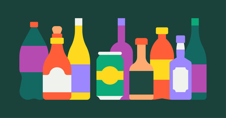 Aperitif drinks scene. Bar flat vector illustration. Composition of a set of colored bottles.