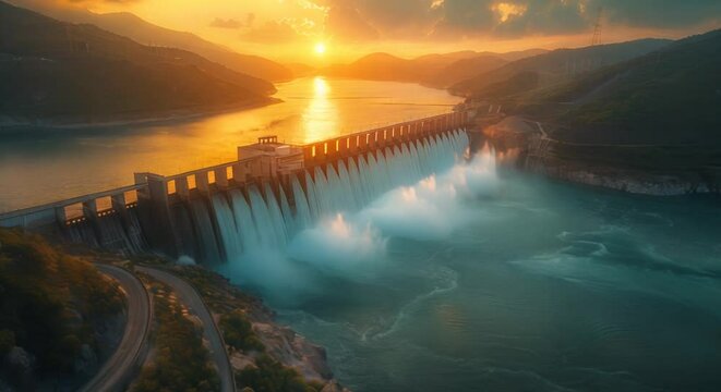 Aerial view of a large hydroelectric dam at sunrise, water glistening, vast and powerful