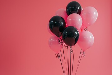 black balloon and red balloons on a uniform red background color