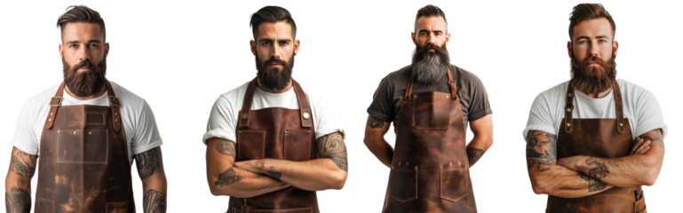 Confident bearded man with apron set against transparent background. Series of four poses featuring a hipster man with tattoos and beard, wearing a leather apron, conveying professional artisan vibes