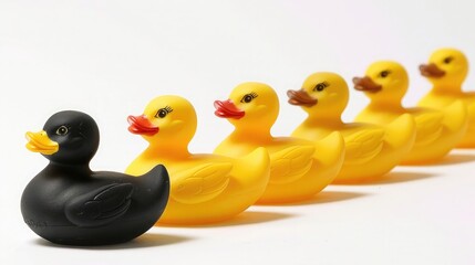 Black rubber ducks in a row of yellow rubber ducks