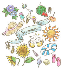 手描きの夏モチーフイラストセット