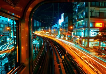 View from a train window during a night ride showcasing a colorful bustling cityscape with light trails