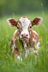 Curious calf in a green field close-up shot