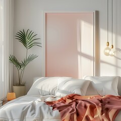 A serene bedroom setup showcasing a comfortable bed with white linen and a pink throw against a backdrop of sunlight