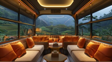 Elegant luxury train interior with panoramic view of terraced mountains cozy seating
