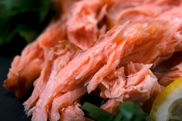 Hot smoked trout fillet seen up close. Texture in detail