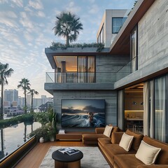 An exquisite living space with cozy brown sofas facing a large TV screen, opening to a balcony with an ocean backdrop