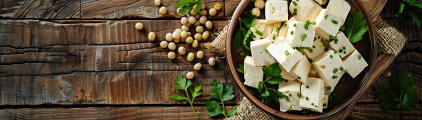 Fresh tofu with herbs and soybeans top-down view