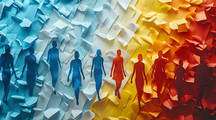 Paper craft card with colorful silhouettes of people for World Autism Awareness Day, symbolizing support, inclusion, and unity. Suitable for promoting autism awareness events and celebrations.