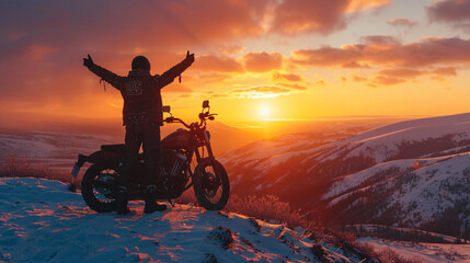 Adventurous Motorcyclist Watching Sunset Atop Snowy Mountain Peak
