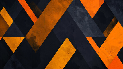Dark background, orange and yellow color blocks, simple geometric shapes of triangles. 