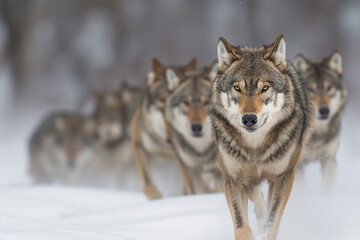 Close-up portrait of grey wolf in the snow