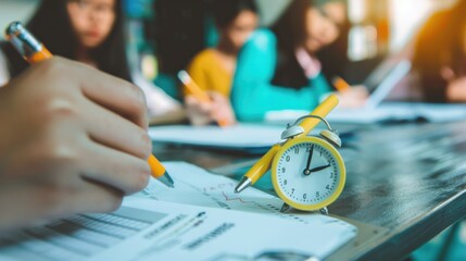 Students in a school, college, or university classroom taking an optical form of standardized exams close to an alarm clock while holding a yellow pen for the final exam - obrazy, fototapety, plakaty