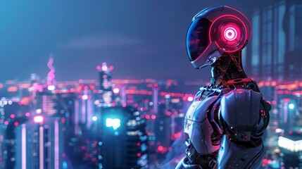 Sleek futuristic robot at data center overlooking vibrant cityscape at night