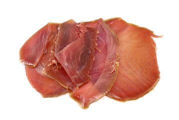 Slices of smoked yellowfin tuna on white background.