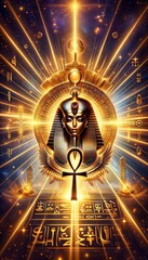 A digital artwork featuring an Egyptian pharaoh with the ankh symbol, surrounded by cosmic elements and hieroglyphs. Golden light and mystical symbols evoke spirituality and ancient wisdom.