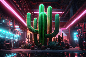 cacti is illuminated in neon colors, with cacti and flowers on a dark background IA