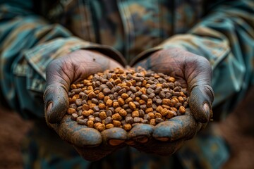 Mature hands cupped together holding a generous amount of dry animal feed pellets with blurred background