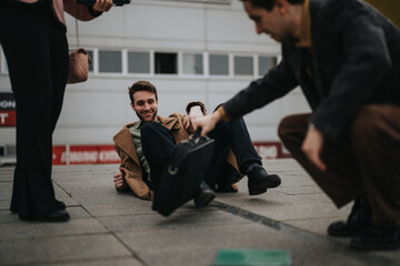 Outdoor scene of a young smiling businessman on the ground with colleagues helping him up after a...