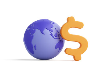 Globe and dollar signs objects white background. Link global financial online about money coins economy investment marketing goals business successful winner commerce. clipping path. 3D Illustration.