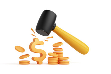 Rubber mallet is pounding 3D dollar signs and stacked coins on  white background. Regarding product price reductions, currency fluctuations, trade, business investment. clipping path. 3D Illustration.