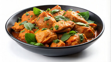 Fototapeta premium Delicious chicken curry served in a black bowl, garnished with fresh herbs. This aromatic, spicy dish features tender chicken pieces in a rich tomato-based sauce, perfect for lunch or dinner