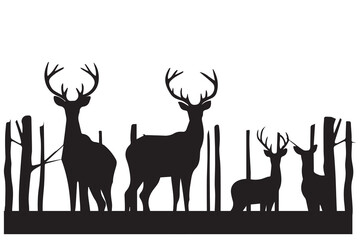 Black silhouette Vector forest and sum deer and bird white background