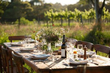 Elegant outdoor dining setup with wine and floral centerpiece. Rustic style table setting for design and print. Dining al fresco concept. Outdoor meal venue