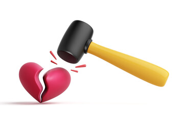 A rubber hammer is pounding a cracked red 3D heart symbol on a white background. About problems with relationship breakup, heartbreak, betrayal, blackmail. Objects with clipping path. 3D Illustration.