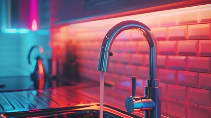 The kitchen faucet is made of stainless steel, and the scene is inside with a gradient background and stereo photography lights. --ar 16:9 Job ID: 8406b36e-8fad-49e0-ada8-6155dde88541 - Powered by Adobe