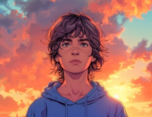 a girl with a purple hair in a hood and a red scarf with a sunset in the sky and the sun behind her.