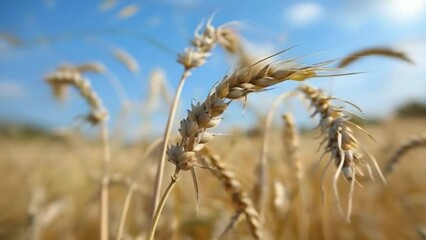 ears of wheat sway in the wind on a field on a sunny day, close up
