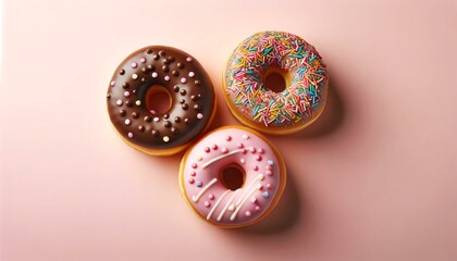 Illustration of three glazed donuts with sprinkles on pink background.