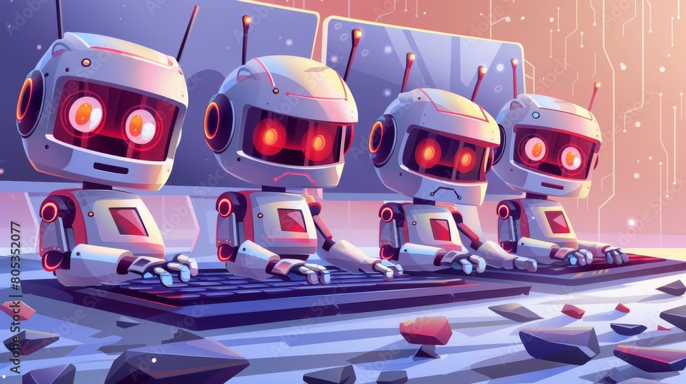 Aufkleber digital assistants with cute robots on computer keyboard. modern cartoon illustration of chat bots, 