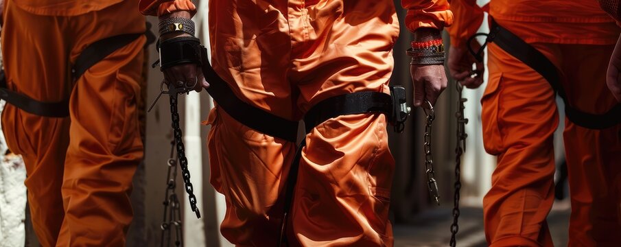 Mans in orange jumpsuits with handcuffs and shackles,