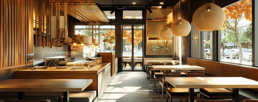 Cozy empty interior of a modern restaurant with warm lights