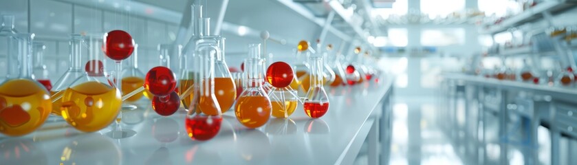 A lab with many glass beakers and vials of different colors