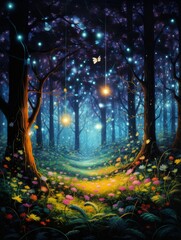 Multicolored Fireflies Dance Amidst the Trees
