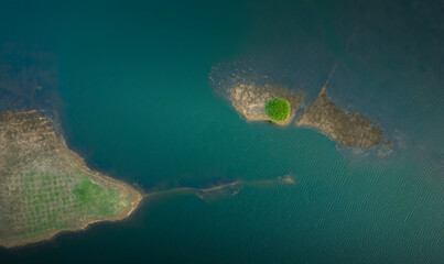 Aerial drone view of blue lake