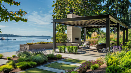An outdoor retreat with a panoramic view of Puget Sound, where a modern pergola offers shade over a comfortable seating area, 