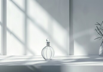 A single, exquisite perfume bottle is highlighted in a sunlit room with shadows and a plant in a vase