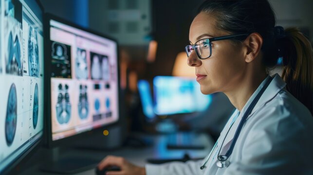 Woman doctor looking at the computer display, analysing x ray results