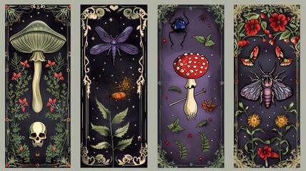 Obraz premium Modern banners featuring a fly, animal skull, and creepy mushroom. Cartoon illustration of witchcraft and occult equipment, insect, herbs, and fly agaric.