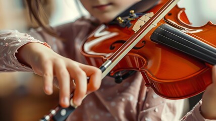 Closeup of a childs hands playing the violin, detail and focus on musical learning and enjoyment