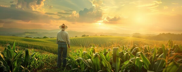 Fototapeta premium Warm golden hour image of a farmer reading a paper in a cornfield, conveying rural life and agriculture.