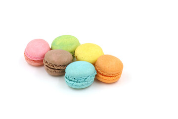Sweet colorful macarons isolated on white background. Tasty colourful macaroons.
