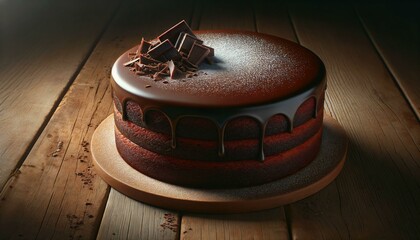 Cake glazed with chocolate on a wooden table.